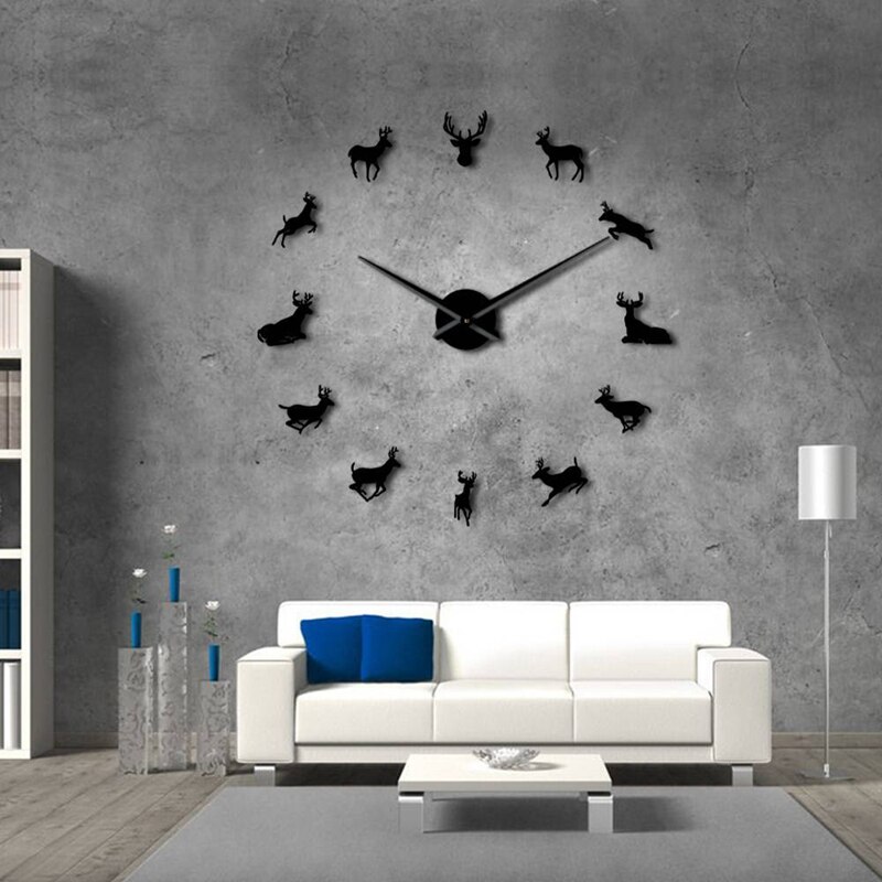 Tête de cerf bricolage horloge murale géante bois cerf chasseur moderne cerf bois horloge murale acrylique effet miroir animaux décorations pour la maison