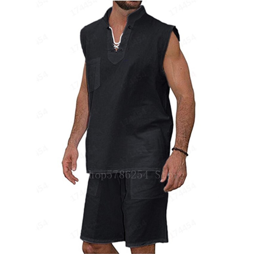 2 stk retro mand viking pirat tøj middelalderscene massiv linned skjorte v-hals ærmeløs bandage t-shirt afslappet renæssance nordisk: Sort / 3xl