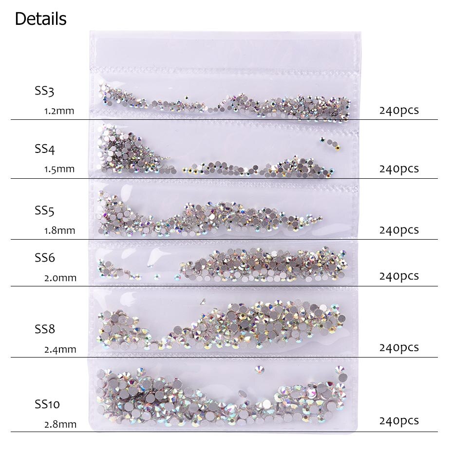 1440 stk ab hvide negle rhinestones sat flad tilbage negle strass krystal sten 3d nail art dekoration tilbehør værktøj  la880