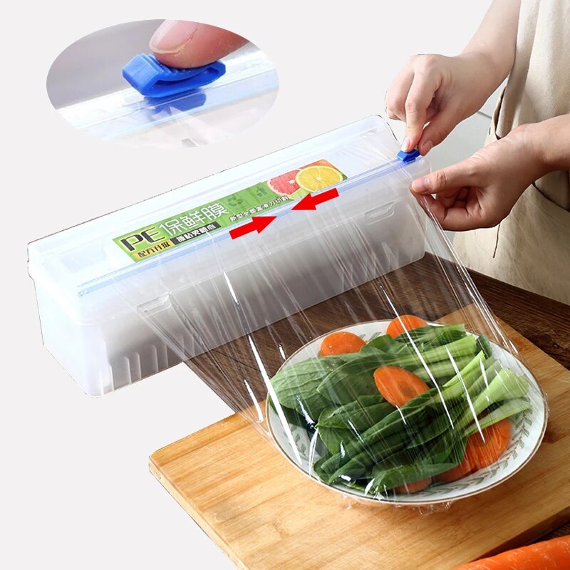 1Pc Plastic Voedsel Wrap Dispenser Met Glijbaan Cutter Verstelbare Vershoudfolie Snijder Behoud Folie Opbergdoos Met Zuignap Bodem