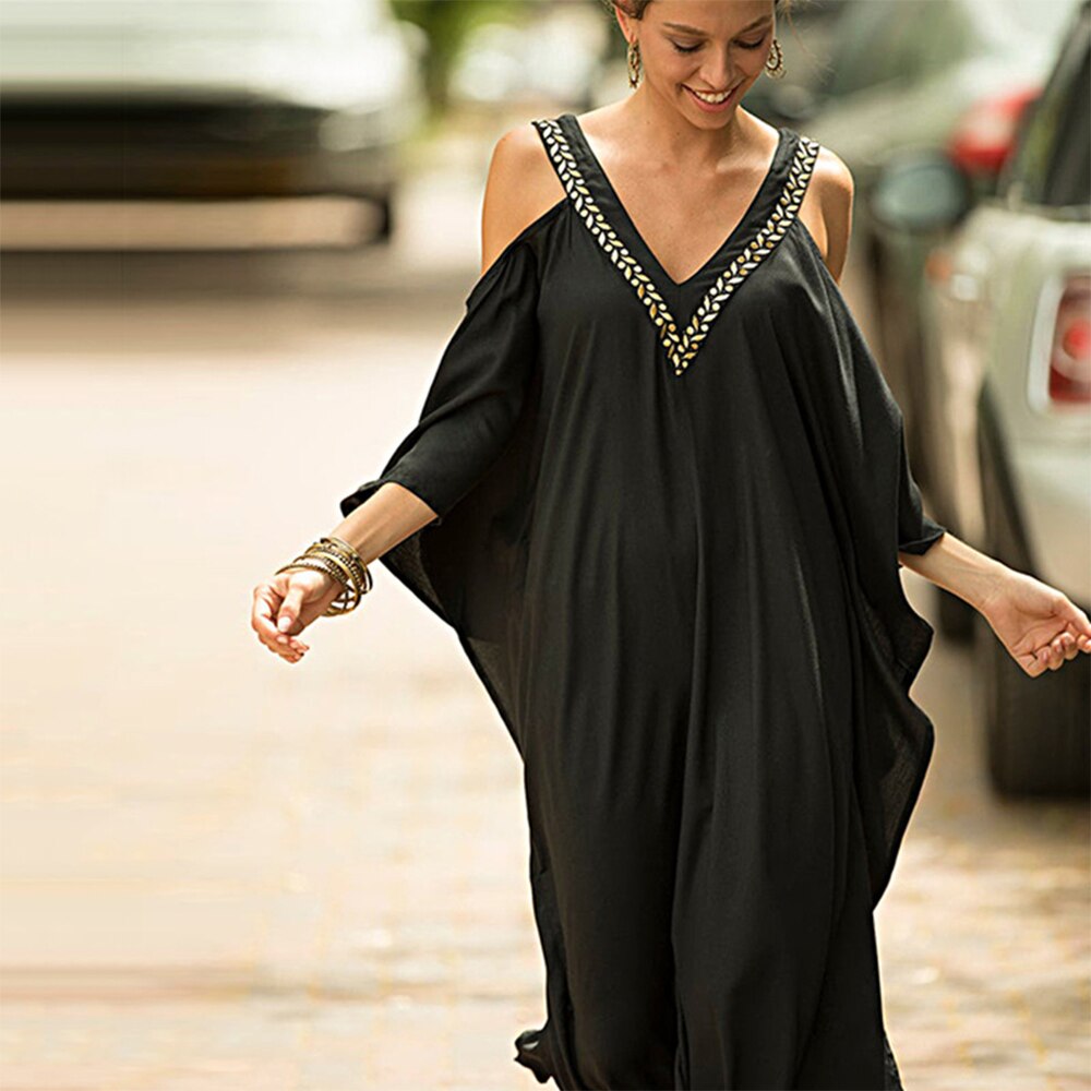 Zwart V-hals Beach Cover Up Vrouwen Oversize Kaftan Off De Schouder Lange Strand Jurk Gewaad Plage Borduurwerk Beachwear Tuniek