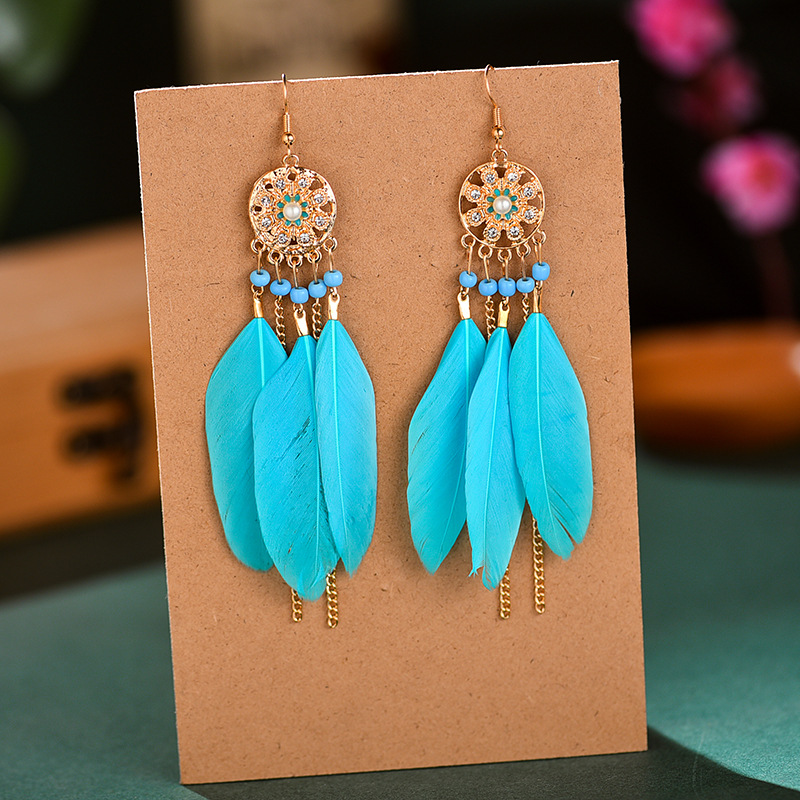 Bohemian Woven Dream Catcher Feather Dangle Earrings for Woman Trendy Boho Long Tassel Earring Wedding Jewelry: E1459-Light blue