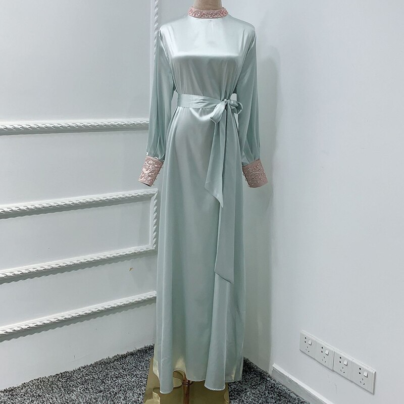 Eid Satijn Kralen Abaya Jurk Moslim Vrouwen Zomer Mode Stand Kraag Lange Mouw Elegante Vintage Lange Maxi Jurk Bescheidenheid: S