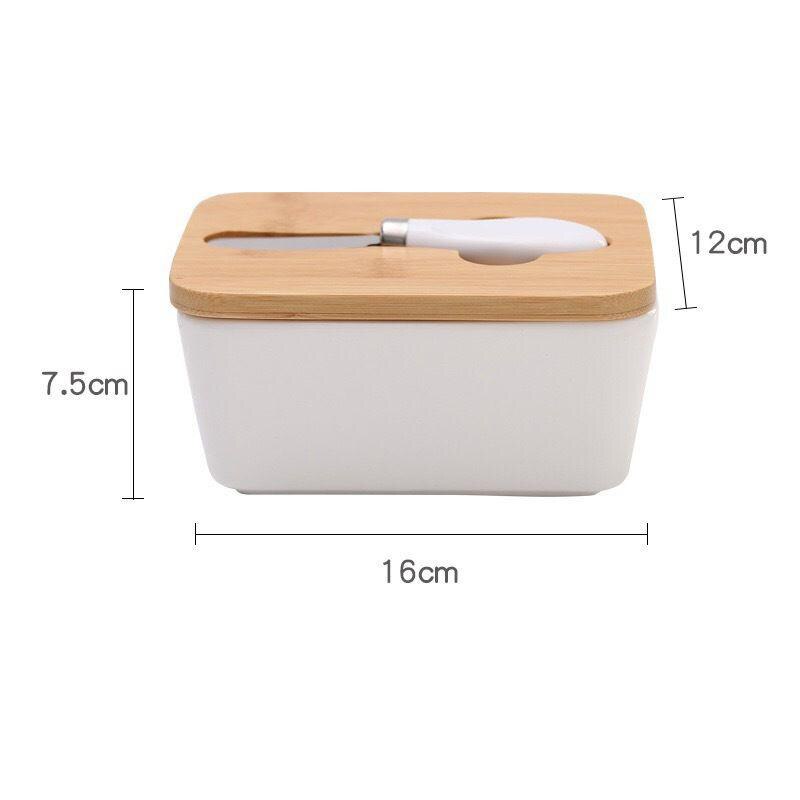 Butter Box Nordic Ceramic Container Storage Tray Dish Cheese Food Tool Kitchen Keeper Wood Cover Sealing Plate+ Knife Sealed Can: Big