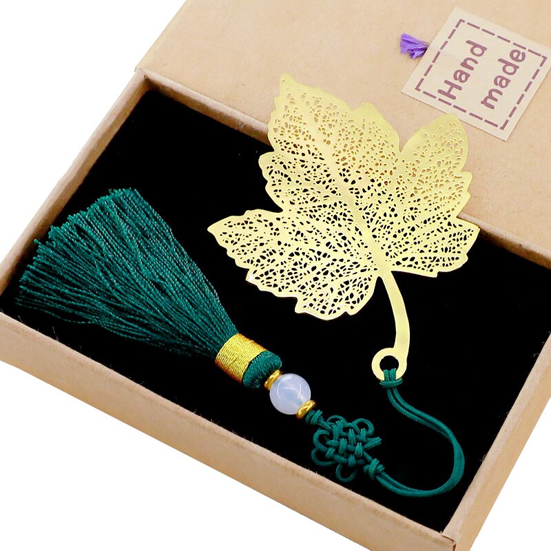 Retro Metal Brass Maple Leaf Chinese Knot Tassel Bookmark Student School Stationery for Children Papelaria: Dark green