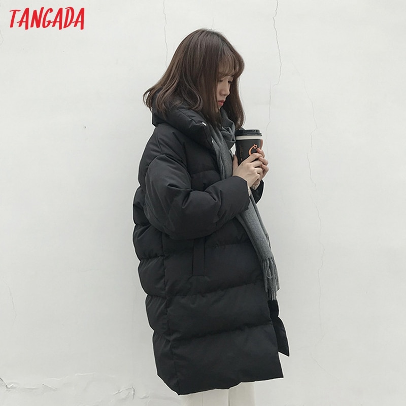 Tangada Vrouwen Solid Oversize Lange Parka Dikke Lange Mouw Knoppen Zakken Vrouwelijke Warme Winterjas Koreaanse Mode ATC02