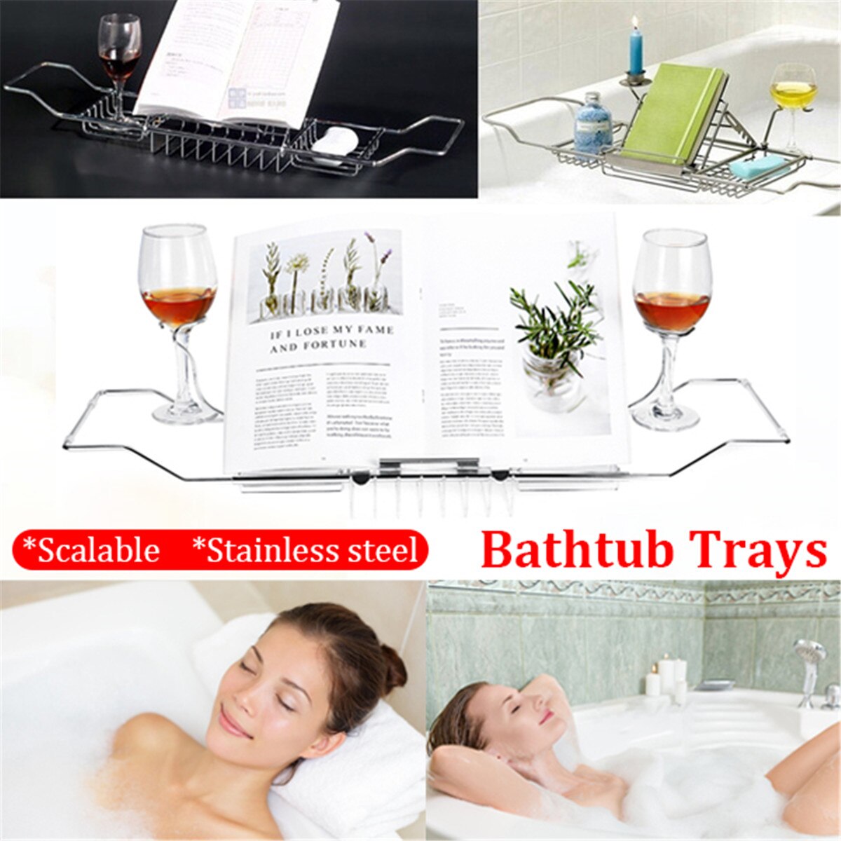 Extendable Stainless Scalable Bathtub Tray Bath Tub Racks Wine Book Holder Shower Organizer Bathtub Caddy Tray Bathroom Shelf