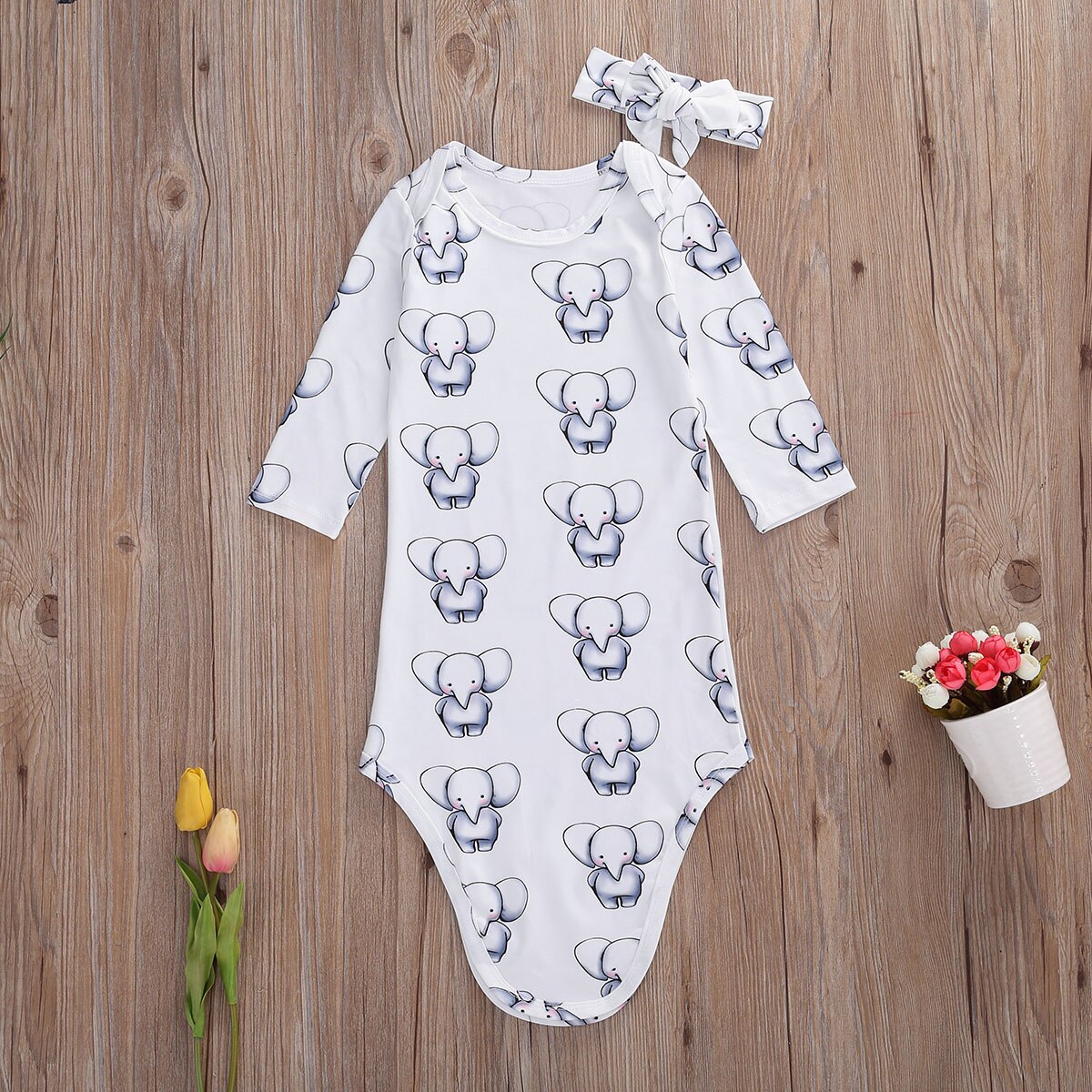 0-6M Pasgeboren Baby Meisjes Jongens Slapen Baby Lange Mouwen Cartoon Leuke Olifant Print Beddengoed Slapen Set met Boog Hoofdband