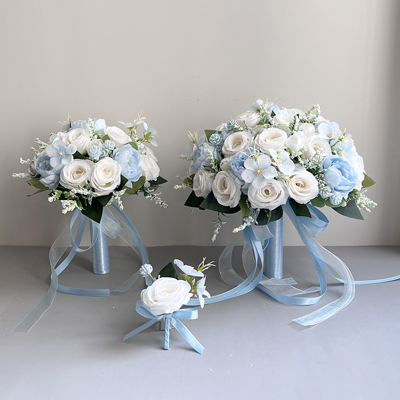 Blue Peonies White Roses Bride Bouquet Buttonhole Boutonniere Wedding Accessories Bridal Bridesmaids Marriage Artificial Flowers