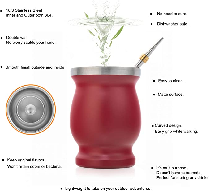 Yerba mate græskar sæt dobbeltvægget rustfrit stål mate te kop og bombilla sæt inkluderer yerba mate græskar (kop) med en bombilla: Rød