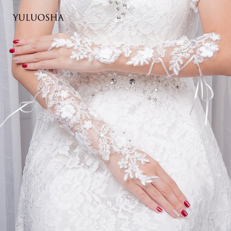 YULUOSHA Hochzeit Handschuhe für Braut Perlen Günstige Braut Handschuhe Hochzeit Handschuhe Finger Hochzeit Zubehör Weiß Spitze Handschuhe