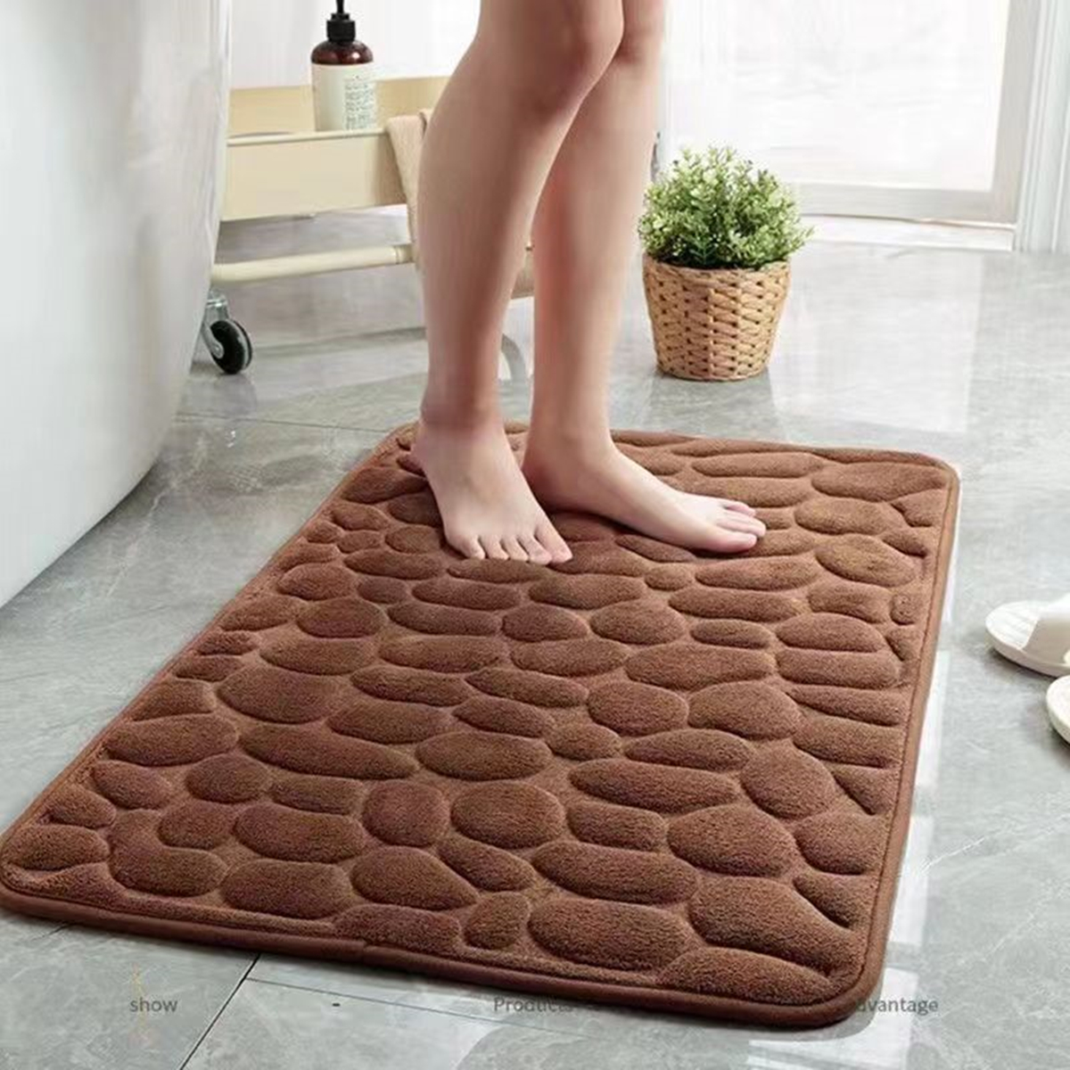 3D antiderrapante banheiro esteira, absorvente capacho, cobblestone gravado tapete, porta tapetes, máquina lavável, secagem rápida: MARROM / 500MMx1000MM