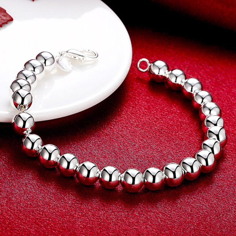 925 Silver 8MM Smooth Bead Bracelets Chains For Women Men Jewelry