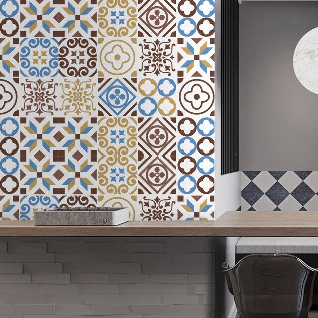 20pcs Moroccan Retro Printing Tile Pvc Waterproof DIY Wall Floor Stickers Decor Ceramic Tiles Home Living Room Decoration: 3 ET138 15 15CM