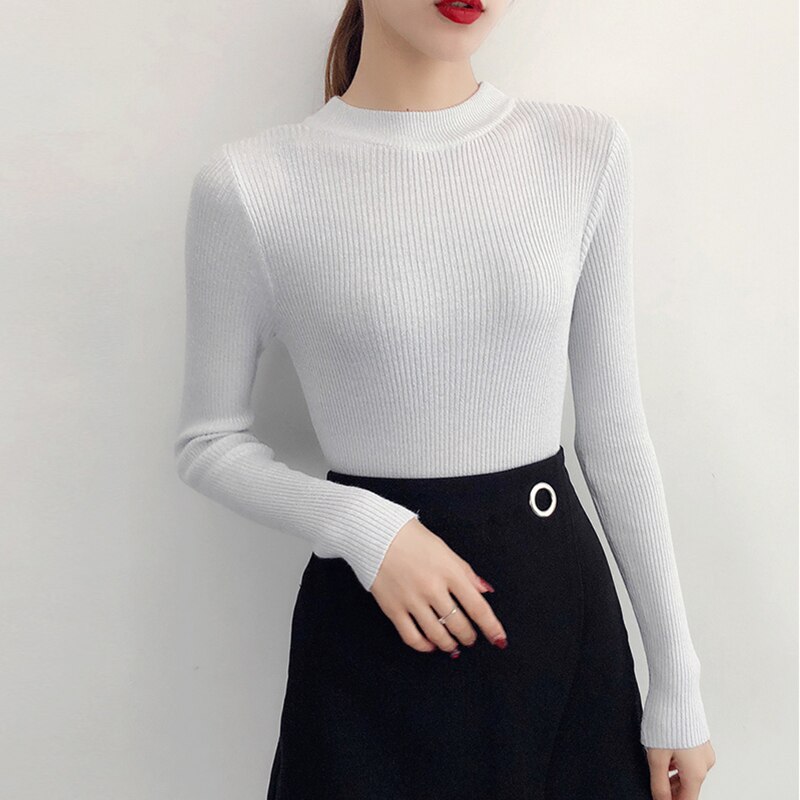 Suéter de lurex brillante para otoño e invierno, jersey de manga larga para mujer, suéteres básicos de cuello alto, tops de punto de estilo coreano para mujer