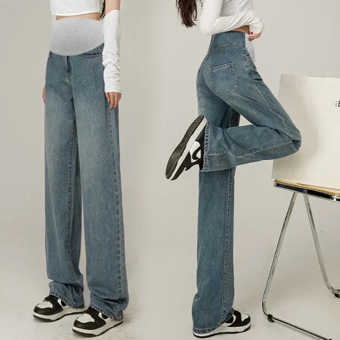 Denim graviditets lige lange jeans vide ben løse mavebukser tøj til gravide kvinder graviditets afslappet tøj: Blå / Xxl