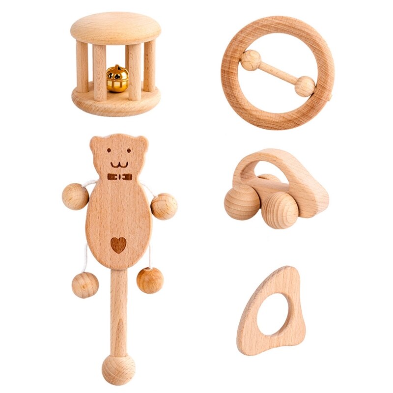 5Stck Baby Holz Rasseln Spielzeug BeißRing Hand Glocke Früer Pädagogische Musik Spielzeug DXAD