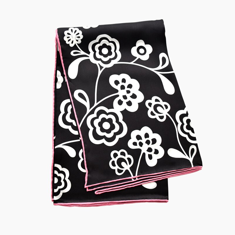 Pink blomstret ægte silke satin tørklæde kvinder 100%  naturlige silke hovedtørklæder firkantet forår efterår bandana sjal til damer: Sort