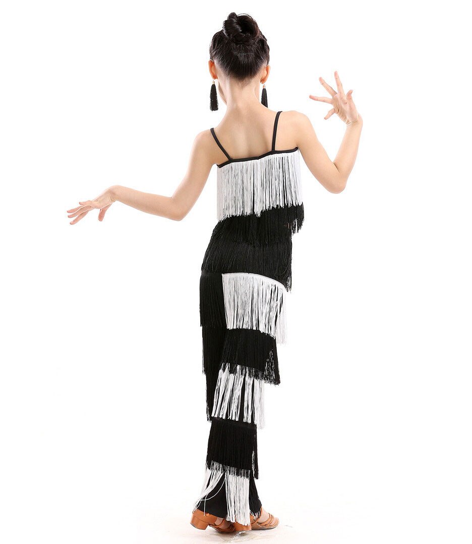Children Bachata Latin Dance Costumes Girls Ballroom Tango Salsa Latin Dance Competition Costume Fringe Pants Tops