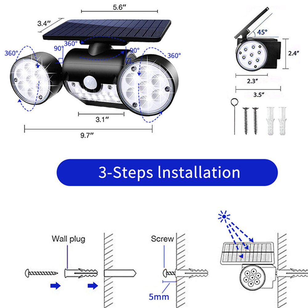 Zonne-energie wandlampen met dubbele kop, 360- graden bewegingsdetectie op zonne-energie, beveiligingsnachtlampjes voor in de tuin