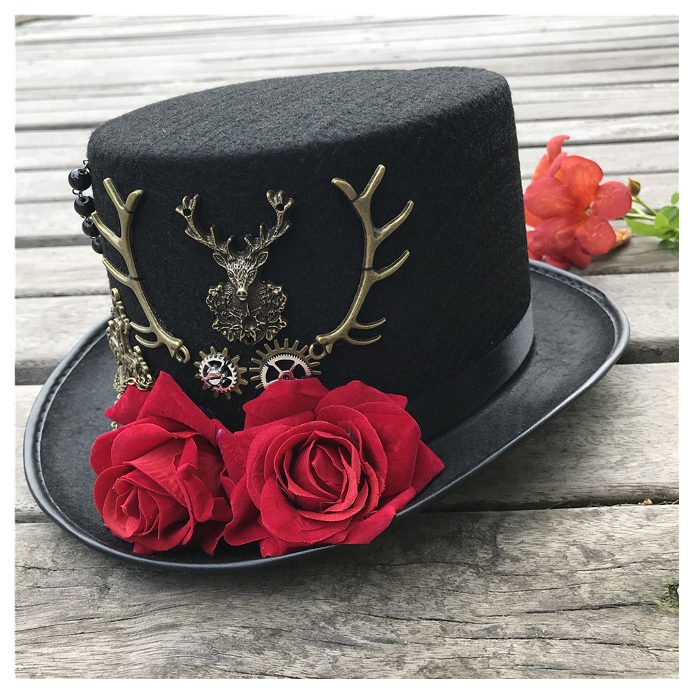 Kvinder håndlavet steampunk top hat med blomster scene magisk hat fest hat størrelse 57cm steampunk hat