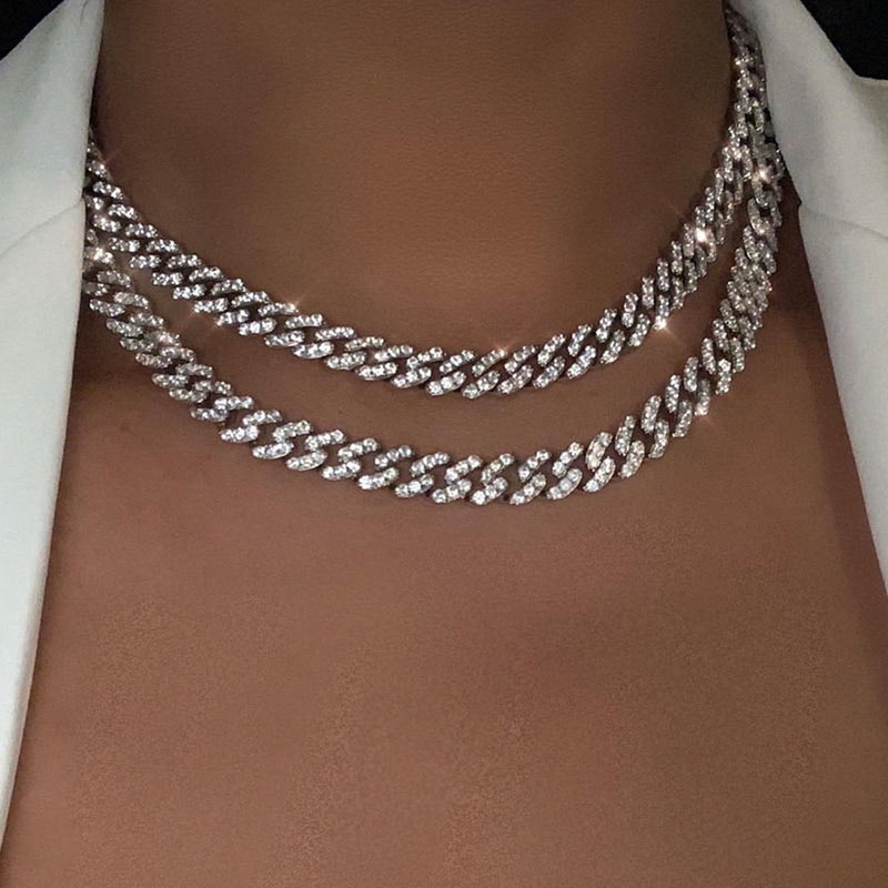 iced out Rhinestone Pave Cuban Link Necklaces Chains For women Gold Silver Color Bling Bling Jewelry Hiphop Mens Choker