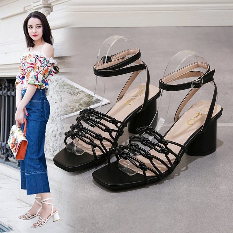 Sandals 2022 Summer Round Heel Pin Buckle Sandals Woven Women&#39;s Shoe Sandles Women Sandalias Mujer Verano tacones mujer