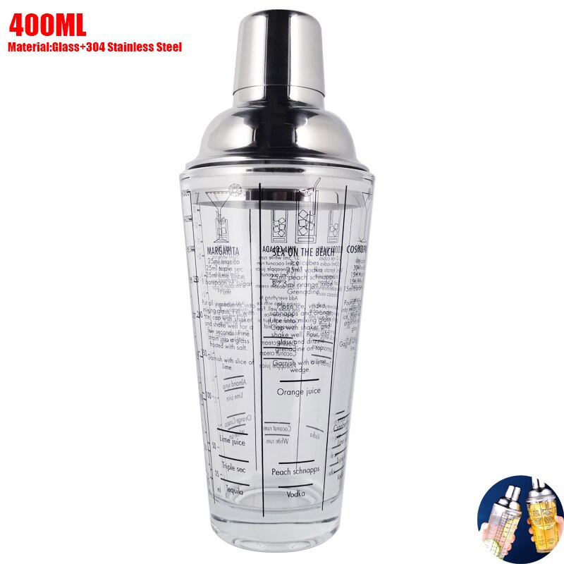 Scale Glass Cocktail Shaker Wine Mixer Shaker Bottle Fruit Juice Snow Double Cup Bar Martini Bartender Tool 400ML/14OZ: Glass Shaker 400ML