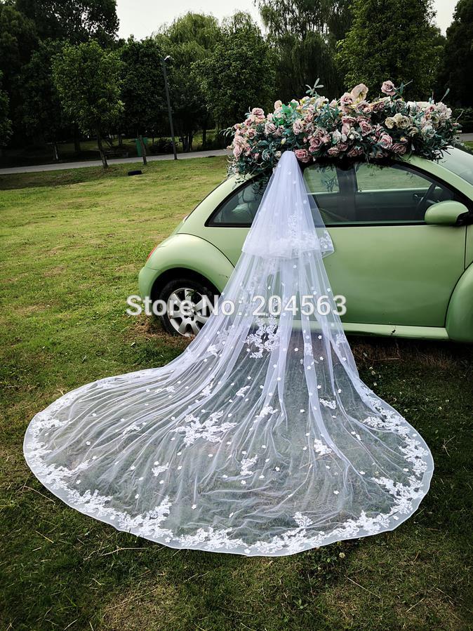 Prachtige Twee-Layer Luxe Kant Bruiloft Sluier Met Bloemen 3 Meter Lange 3 Meter Breed Bridal Veils Met Kam mm