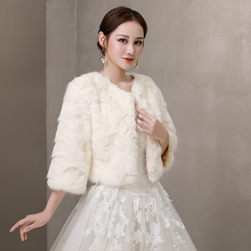 Three Quarter Sleeve Ivory Formal Party Evening Jackets Wraps Faux Fur Wedding Capes Winter Women Bolero Shawls