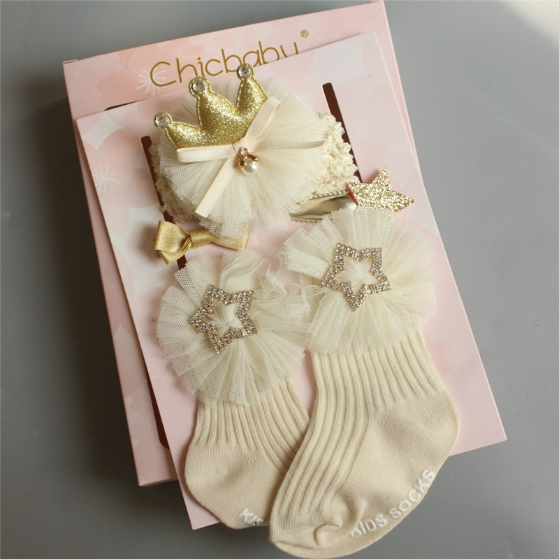 Infant Baby Girls Lace Stretch Hair Band Tulle Flower Slip Soft Non-Slip Cotton Socks Kids Children&#39;s Headwear Hair Pin 4pcs: D