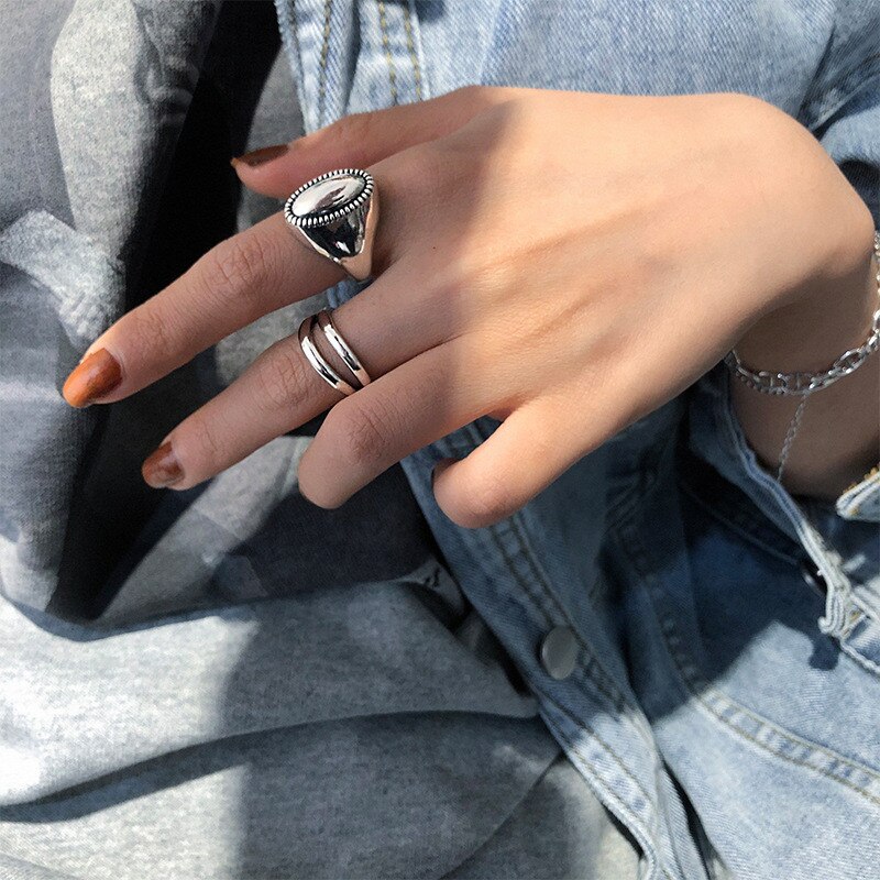 HUANZHI Personality Silver Color Double Layer Line Retro Opening Adjustable Ring for Women Party Jewelry