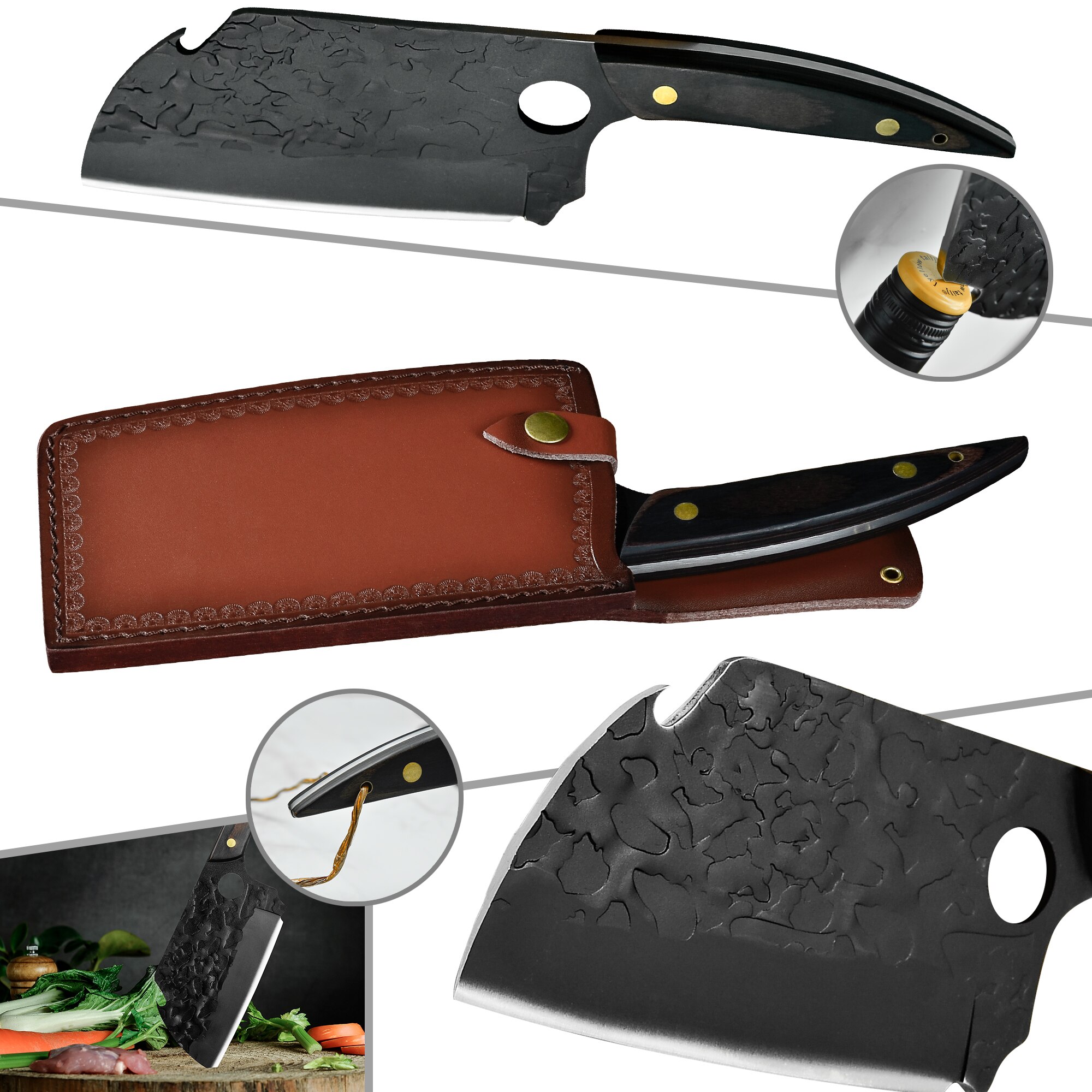 Kitchen Knife 7 Inch Cleaver Chopping Chef Knife Stainless Steel Knives Tool Sheath Leather Case Kitchen Knife