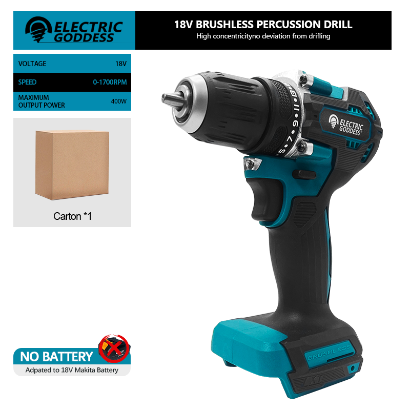 Taladro inalámbrico de 1/2 pulgada y 1700RPM, taladro percutor compacto, motor sin escobillas, accionamiento eléctrico de litio, adecuado para batería Makita de 18V: Default Title
