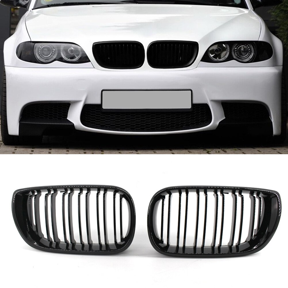 1 Paar Auto Grille Grill Dual Slat Nier Grille Gloss Black Voor Bmw E46 3 Serie 4 Deur 2002-2005 Dubbele Lijn Nier Grill