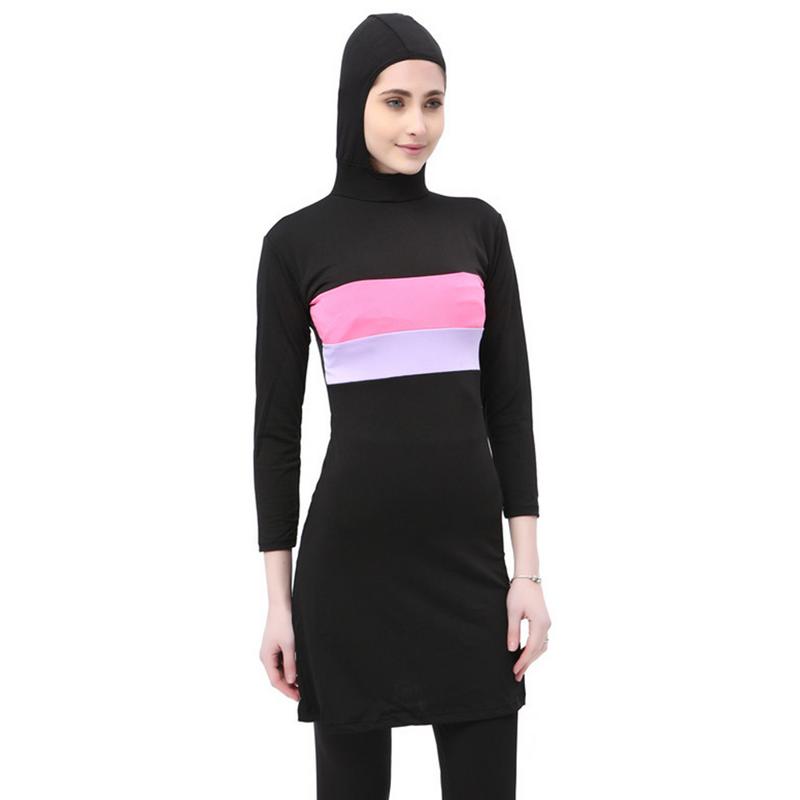 Kvinder langærmet muslimsk badetøj kontrastfarve hætteklædt hijab arabisk islamisk svømmesurfetøj burkinis badedragt plus størrelse