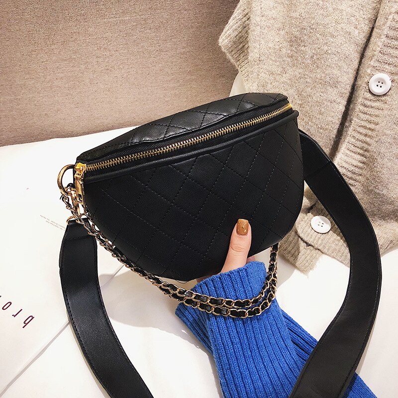 Vintage Ladies PU Leather Shoulder Bags Chains Waist Purse Plaid All-match Women's Chest Bags: Black