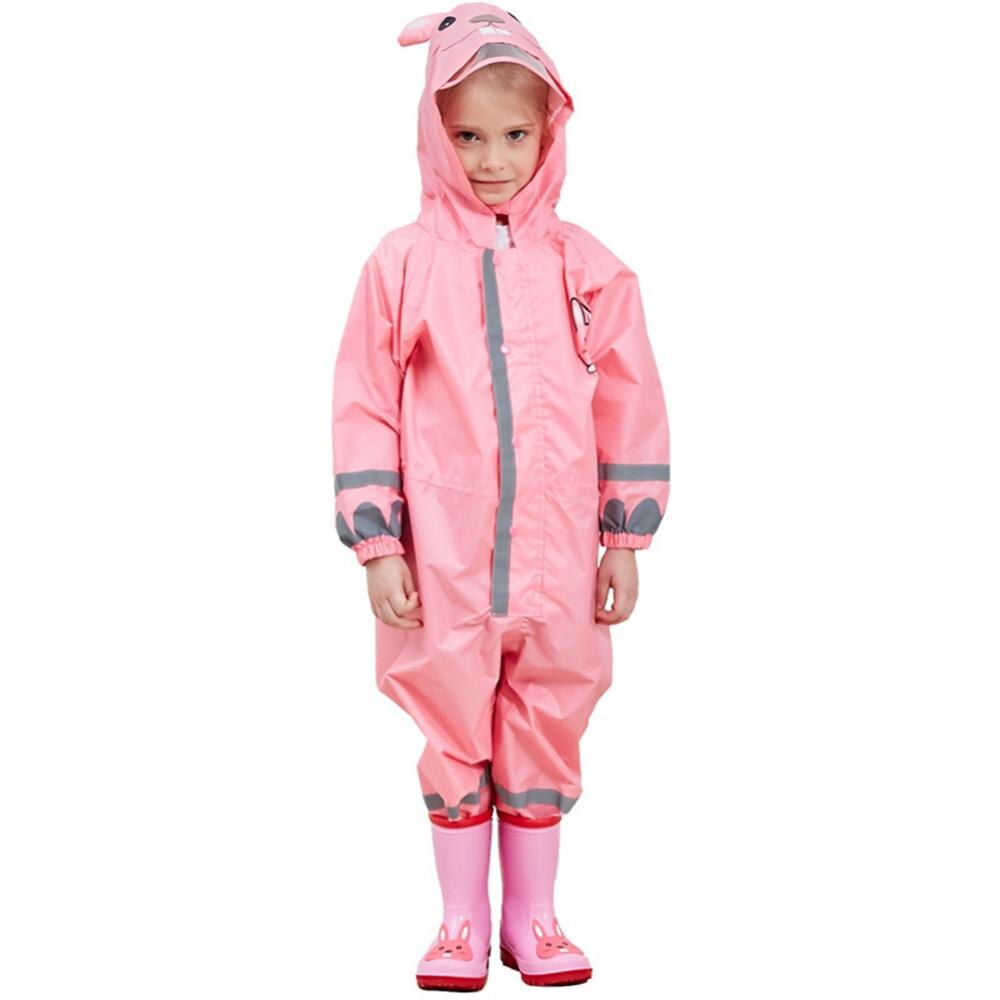 Chubasquero impermeable de una pieza para niños, abrigo de lluvia con dibujos de animales, tira reflectante, Poncho con capucha, Bata: Rosa / M