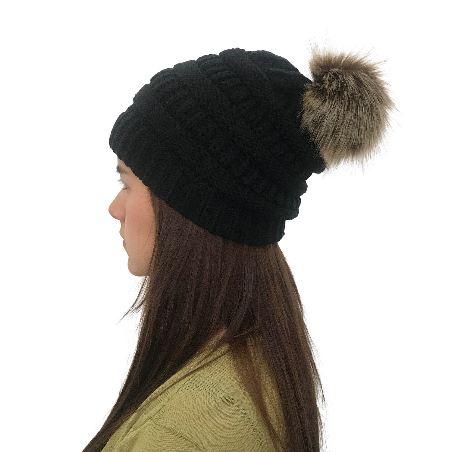Casual mössor bubbelstickad unisex dam baggy beanie pom hatt dam vinter varm virkad stickad skidmössa hästsvans vanlig: A