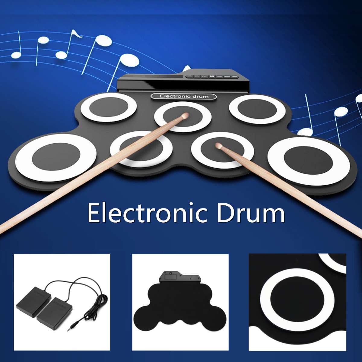 Vouwen Siliconen Elektrische Drum Pad Kit Digitale Usb Roll Up Drum Set Met Drumstokken Voetpedaal Draagbare Elektronische Drum: BLACK