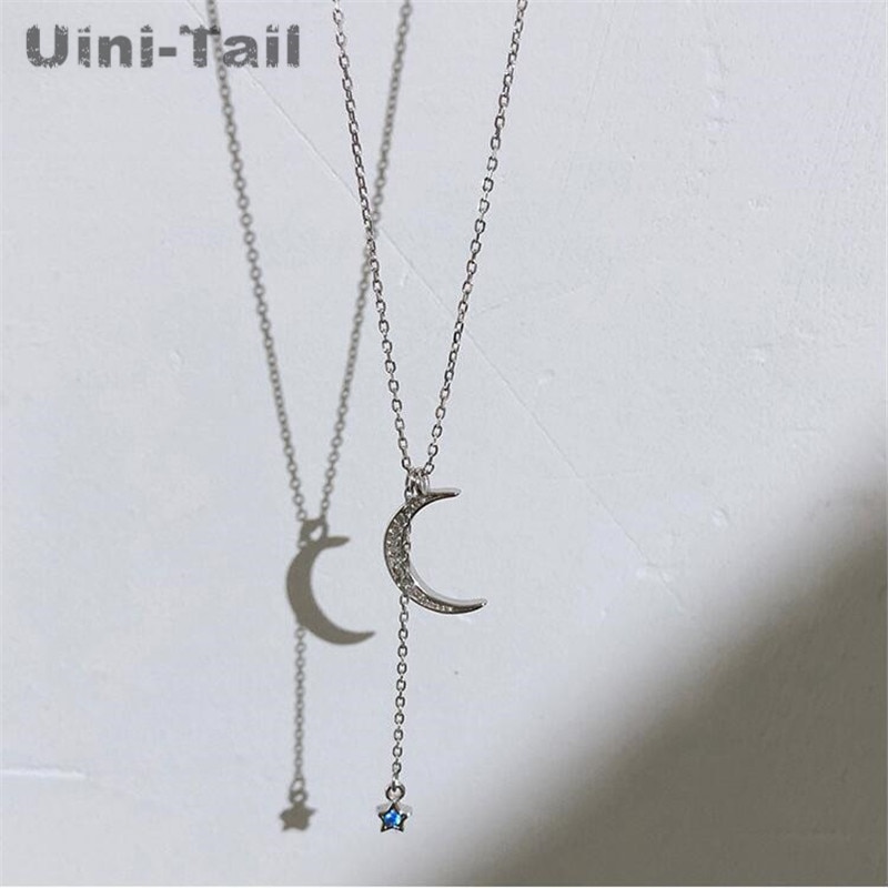 Uini-cauda novo 925 prata esterlina estrelas lua micro-incrustado colar coreano moda doce personalidade simples pequeno fresco ed283