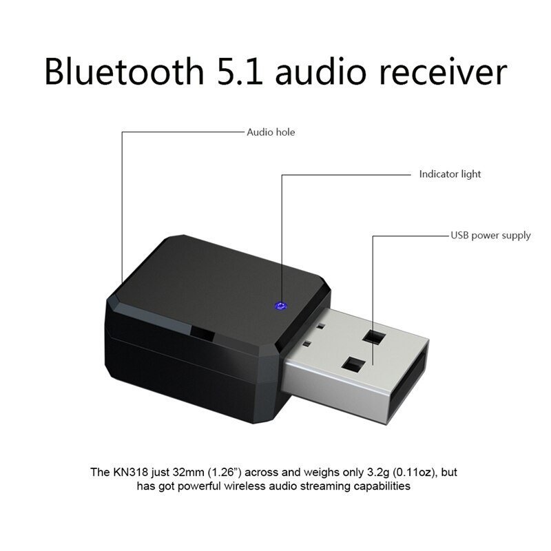 KN318 Bluetooth Adapter,5.1 Bluetooth Ontvanger Stereo Handsfree Call Usb/Aux Uitgang Draagbare, voor Thuis Car Office, Zwart