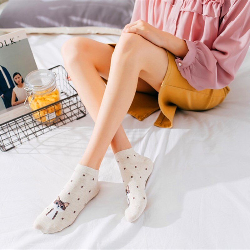 5Pairs Spring Summer Cartoon Cat Socks Cute Animal Women Socks Funny Ankle Socks Ladies Girls Cotton Invisible Socks