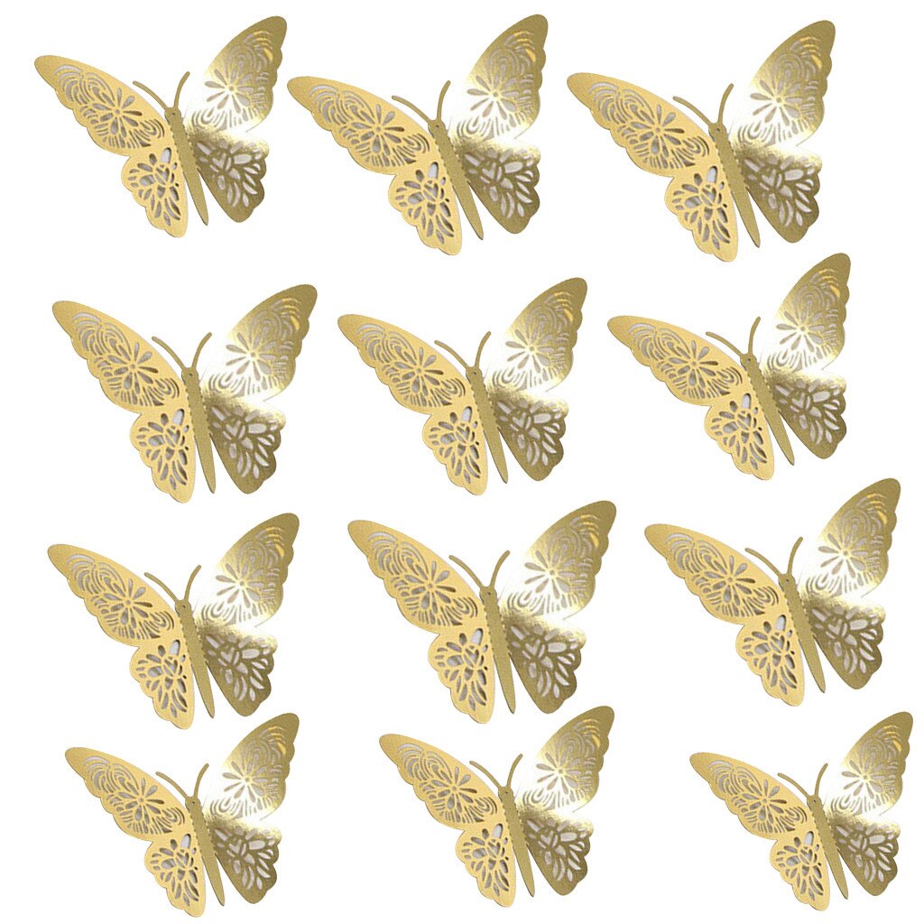 3d luksus 24k guld sommerfugl vægklistermærke metal hul 3d sommerfugl  (12 stk) dekoration skabe en atmosfære #1: Guld