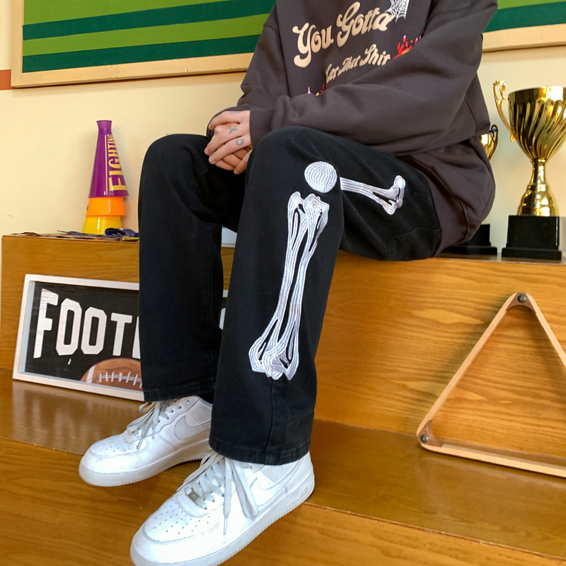 Mænd skelet baggy kausal jeans bukser 2022 japansk streetwear brede ben s mandlige blå vintage denim bukser