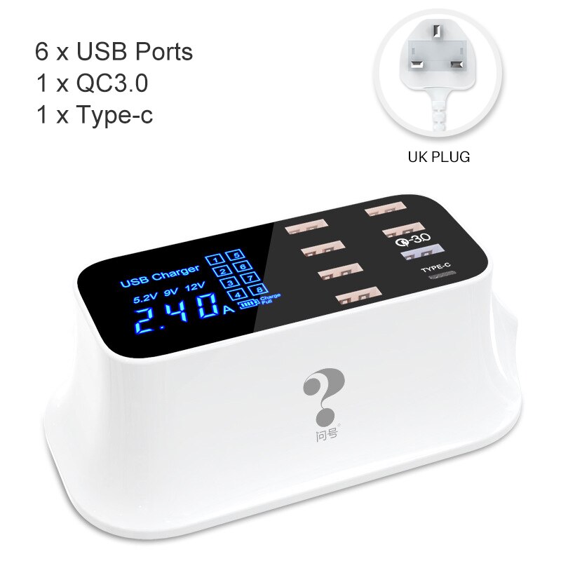Goojodoq Quick Charge 3.0 40W 8-Port Usb Charger/Type C/Pd Charger Smart Led Display usb Snel Opladen Adapter Voor Telefoon Tablet: A-UK Plug