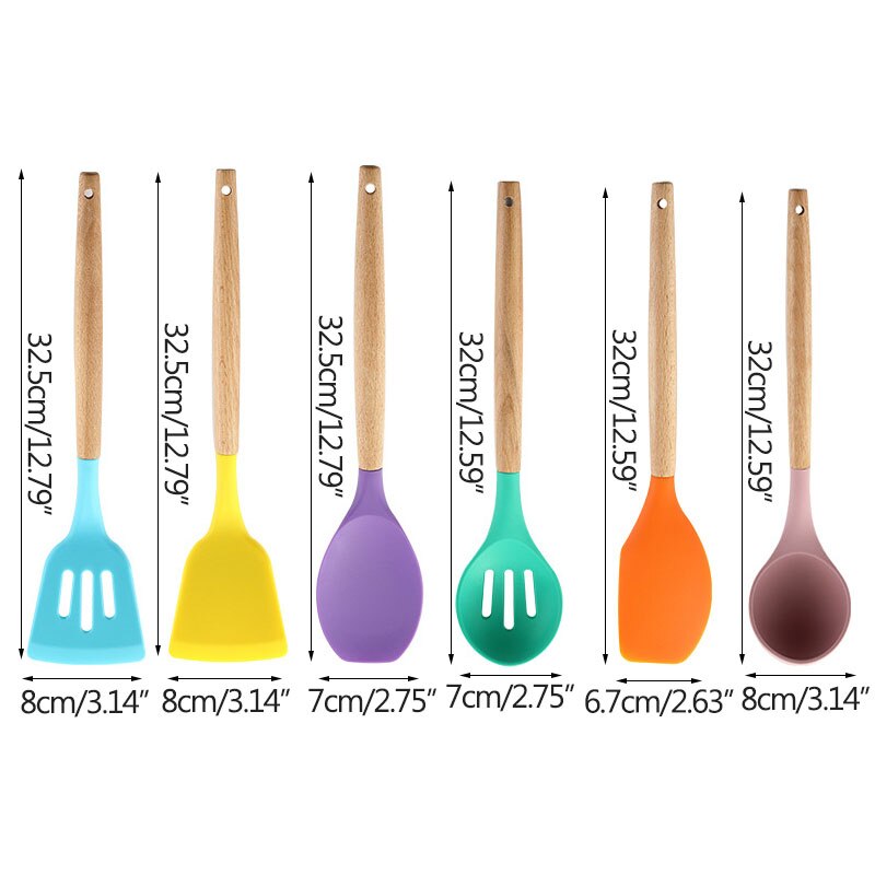 12 unids/set Color utensilios de cocina de silicona conjunto de madera de mango palo de utensilios de cocina espátula SpoonKitchen utensilios de cocina Gadgets