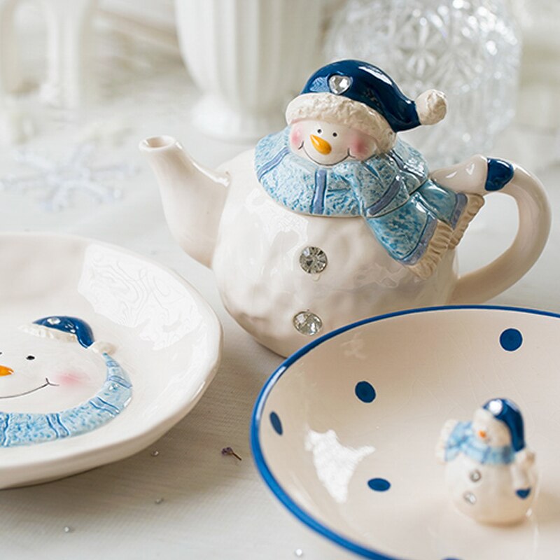 Bol à salade céramique mignon bonhomme de neige | Assiettes à manger, bol à salade artisanat assiette à Snack, bouilloire pot de rangement, assiette d'assaisonnement, vaisselle de noël