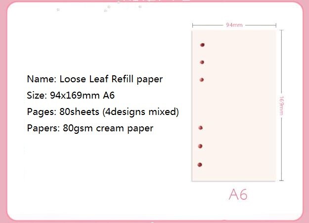 Cartoon Pink Loose Leaf A6 Refill Paper 80sheets Dot Grid Ruled Blank Mixed Inside Papers Spiral Notebook Accessory