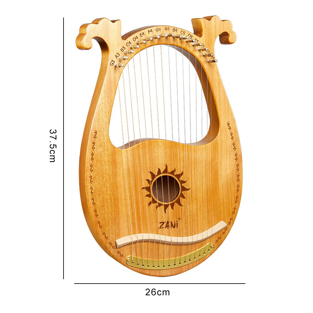 Solid Wooden Entertainment Wooden Lyre Harp Sun God Pattern With Tuning Tool Wrench Cleaning Cloth Metal Strings